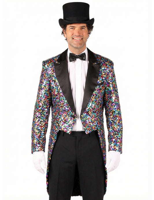 Vue de face du déguisement veste de Carnaval à paillettes
