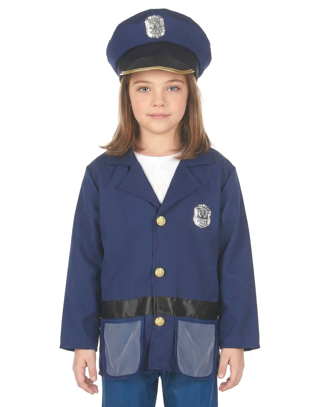 Detail na bundu a čepici kostýmu s policejními doplňky pro dítě