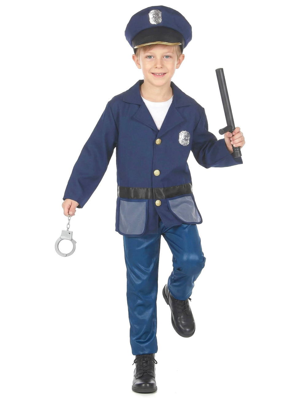 Kostým s doplňky policisty pro dítě modrá s čepicí, obuškem a pouty