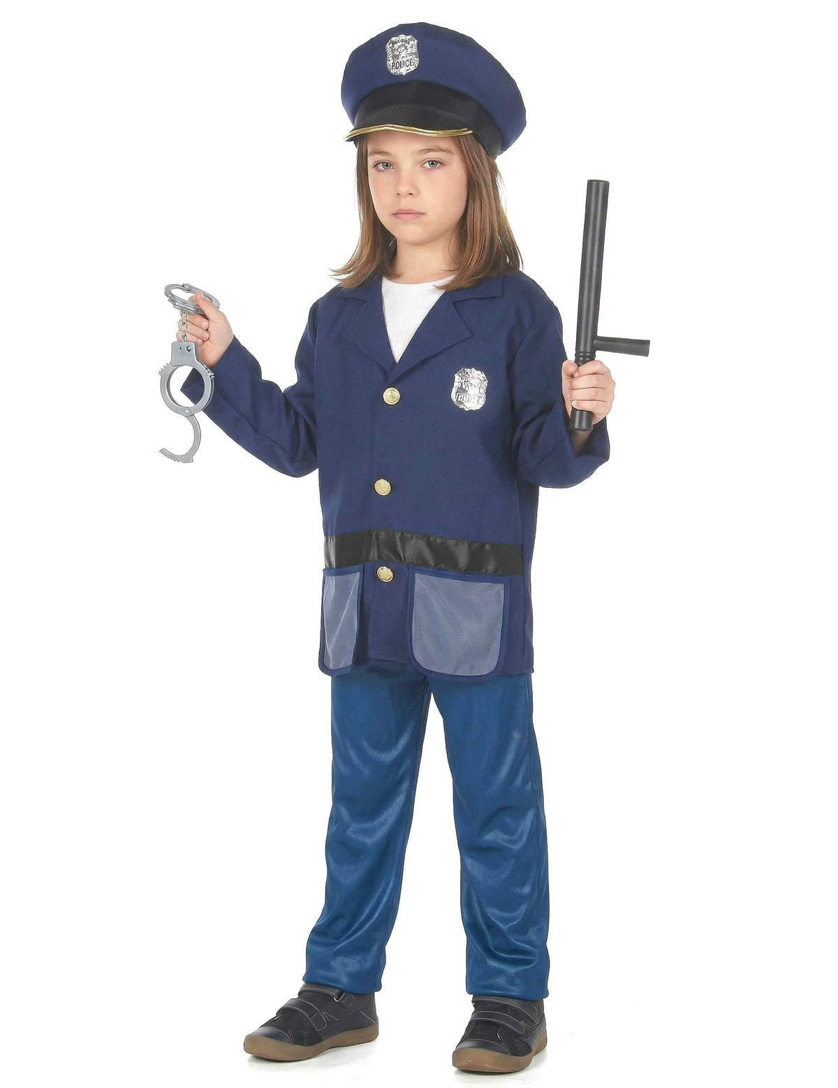 Pohled zepředu na policejní kostým s doplňky pro dítě