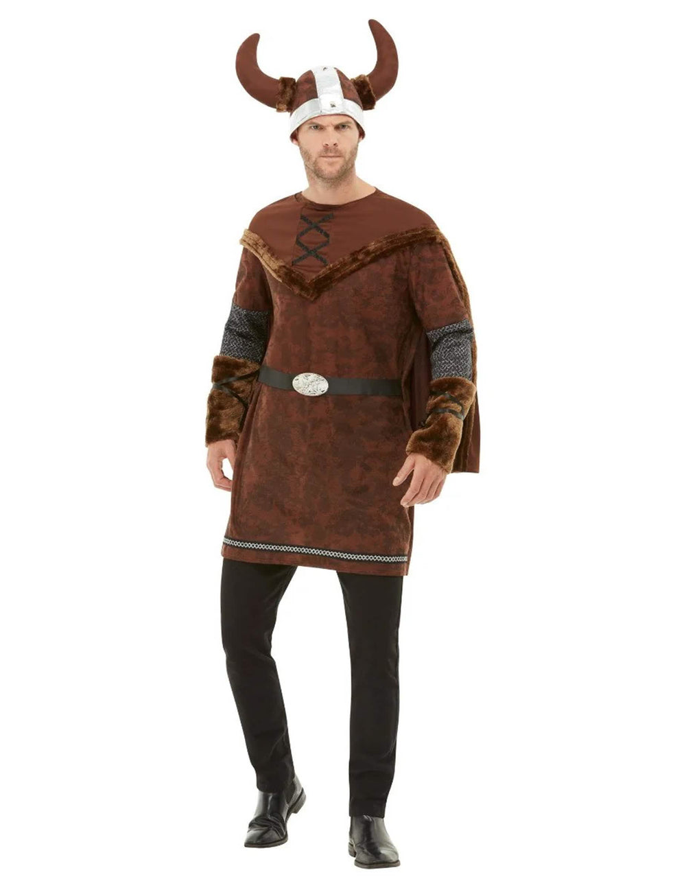 Barbarský vikingský kostým pro muže hnědá s přilbou s rohy