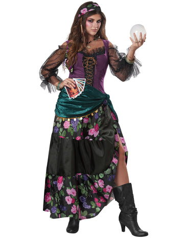 Déguisement voyante luxe pour femme violet et noir à motifs fleurs