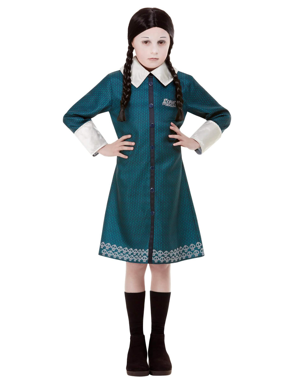 Pohled zepředu na kostým Wednesday z rodiny Addamsů pro dívka