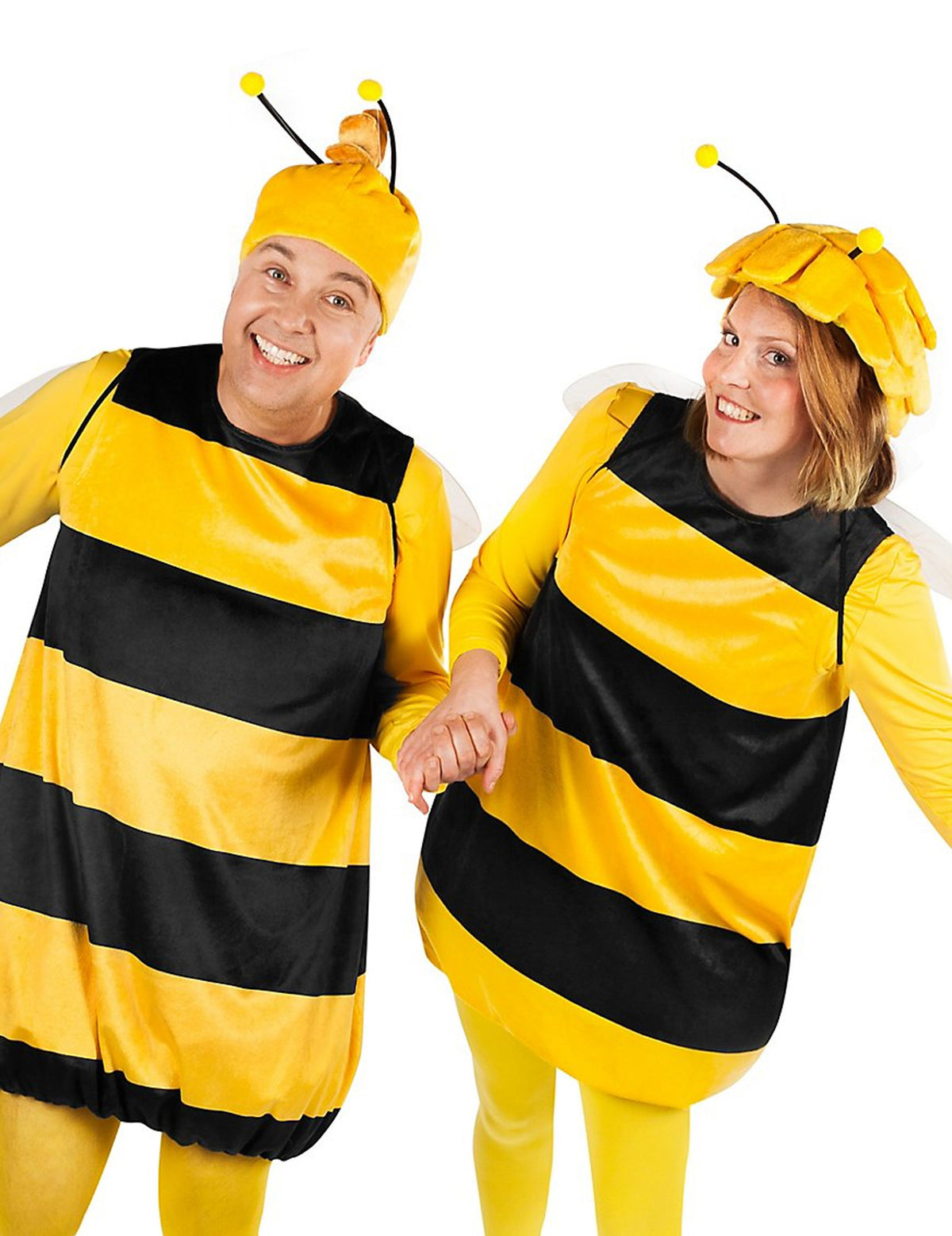 Vue de face en duo du déguisement Willy Maya l'Abeille pour adulte