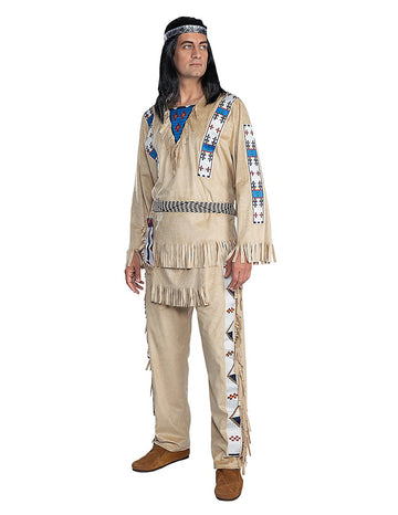 Déguisement Winnetou pour adulte beige avec franges et motifs amérindiens