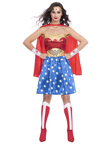 Déguisement Wonder Woman classique pour femme rouge et bleu avec jupe étoilée et cape