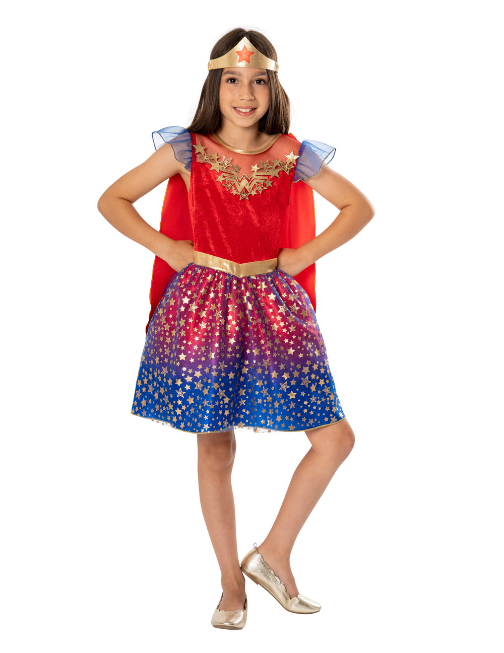 Déguisement Wonder Woman luxe pour enfant rouge et bleu étoilé avec tiare dorée