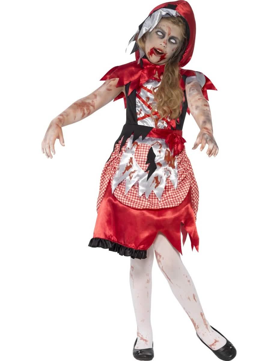 Kostým červené karkulky zombie pro dívku červená a černá s kapucí a od krve