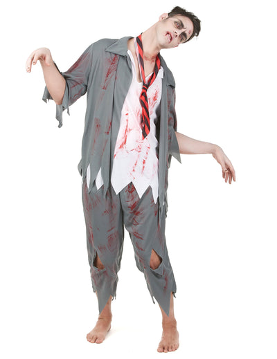 Déguisement etudiant zombie pour homme gris ensanglanté avec cravate