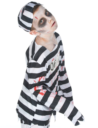 Détail du haut ensanglanté et du matricule du déguisement zombie prisonnier garçon Halloween