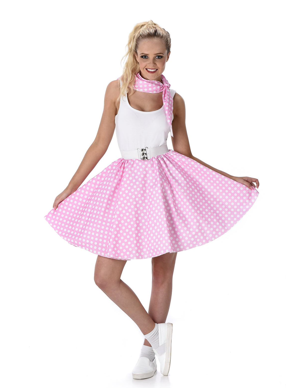 Déguisement années 50 pour femme rose clair à pois avec foulard et ceinture