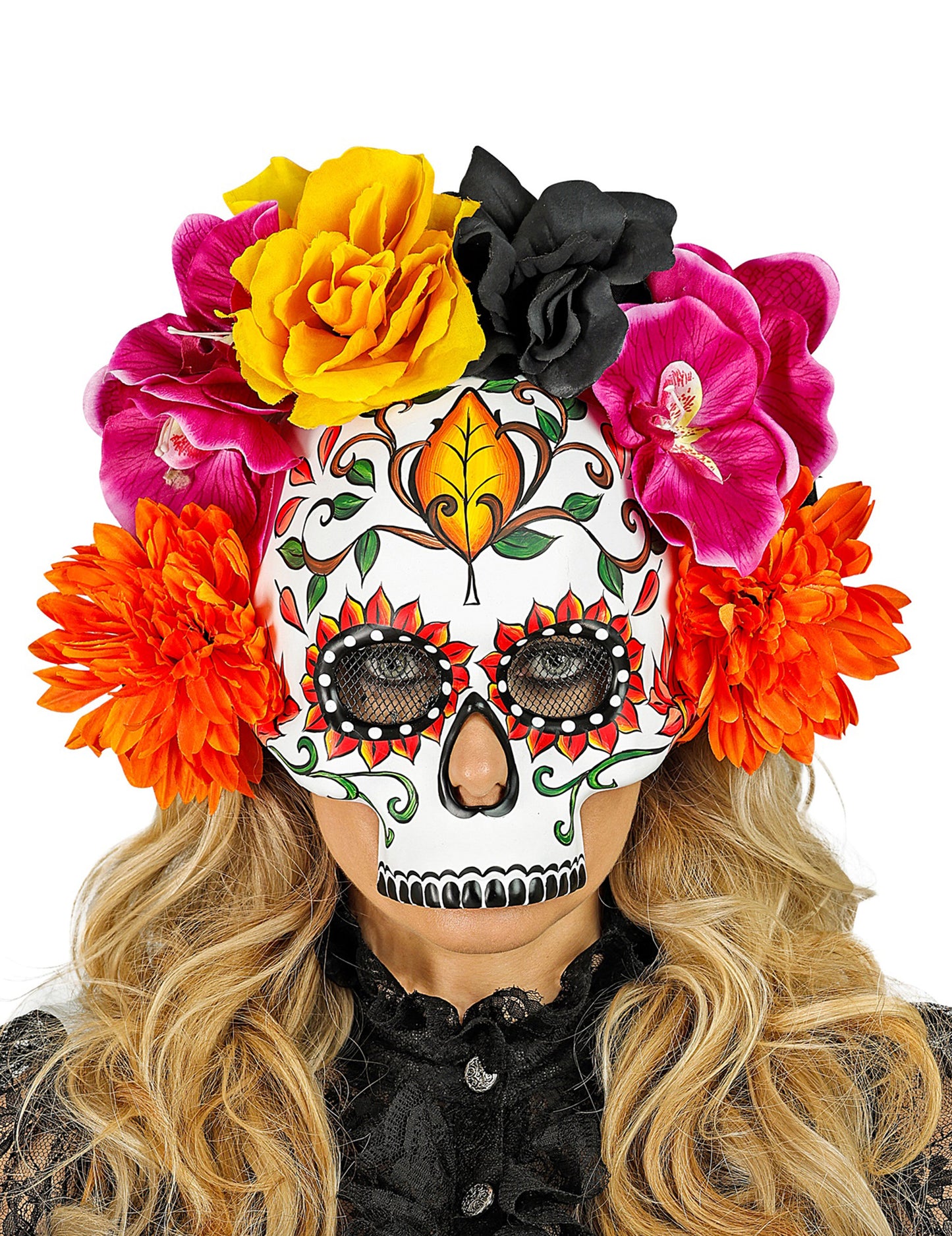 Polomaska pro dospělé s lebkou a barevnými květinami