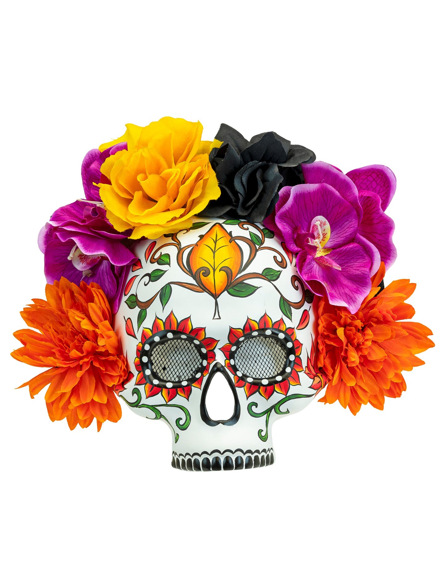 Polomaska pro dospělé s lebkou a barevnými květinami