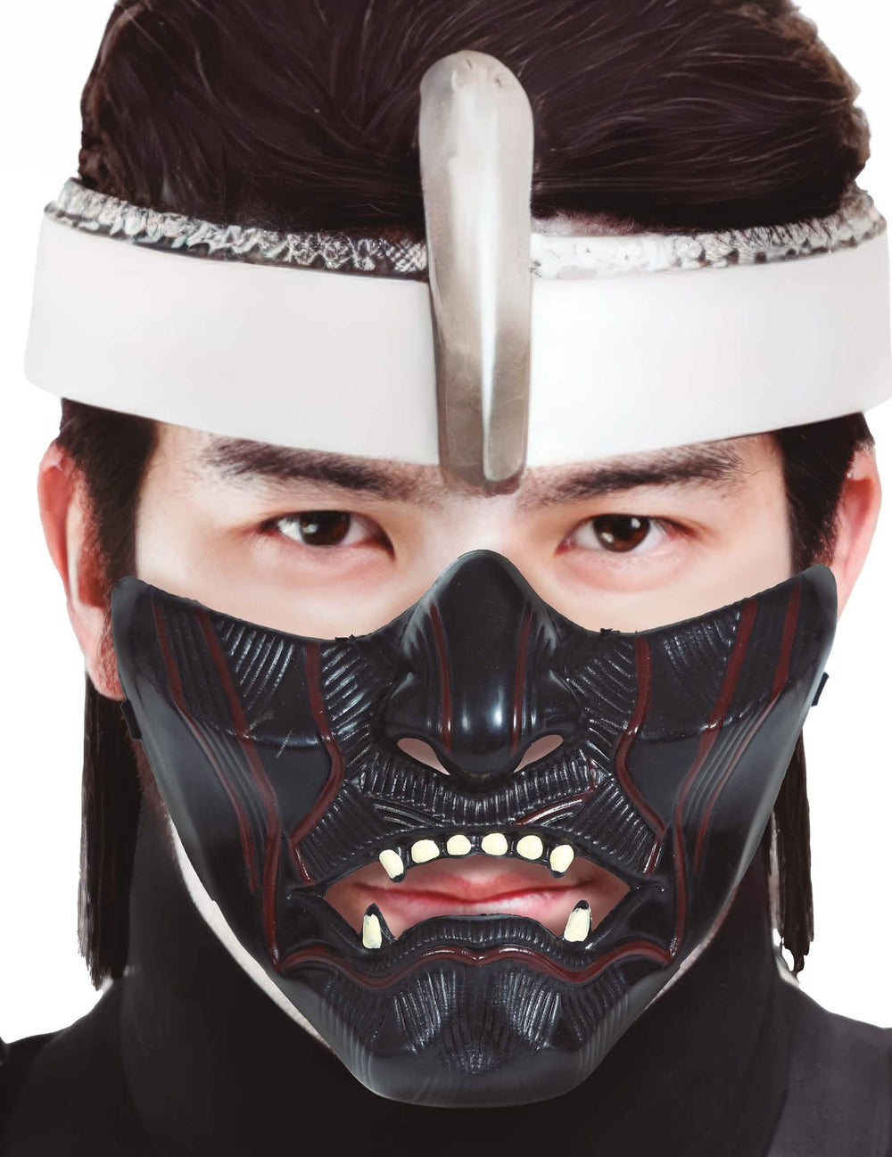 Demi masque guerrier ninja pour adulte noir avec détails rouges et dents blanches