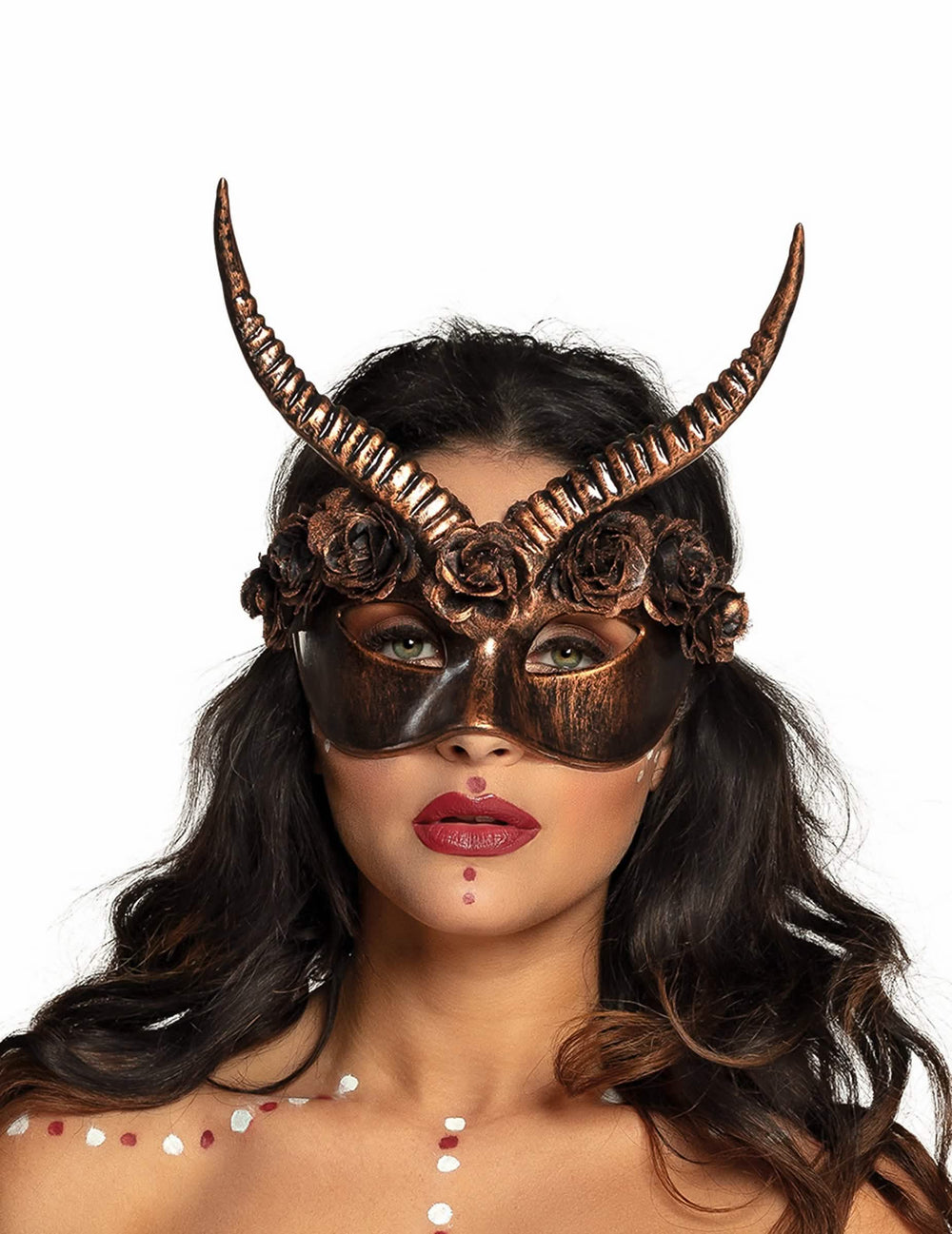 Sexy půlmaska steampunk pro dospělý v bronzové barvě s rohy a růžemi