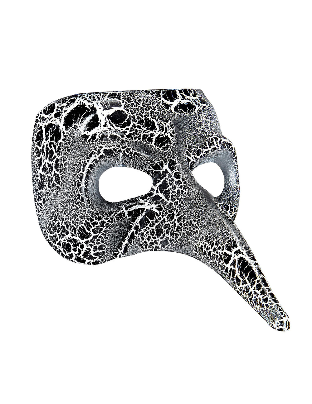 Vue de trois-quarts du demi-masque vénitien à long nez effet craquelé