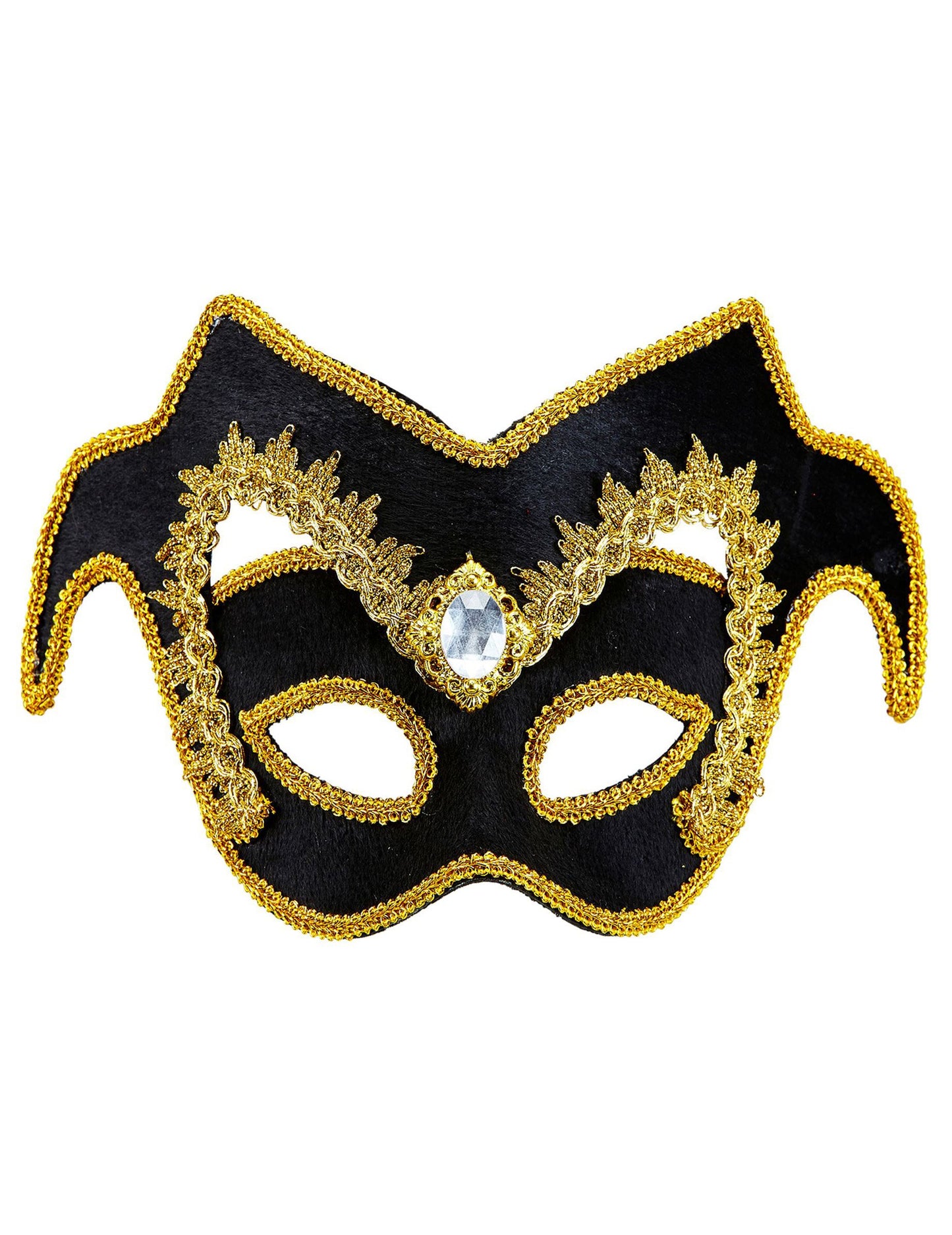Demi masque vénitien pour adulte noir et doré avec bijou central