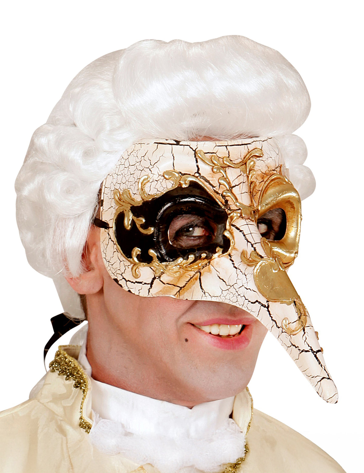 Demi-masque vénitien long nez pour adulte doré effet craquelé