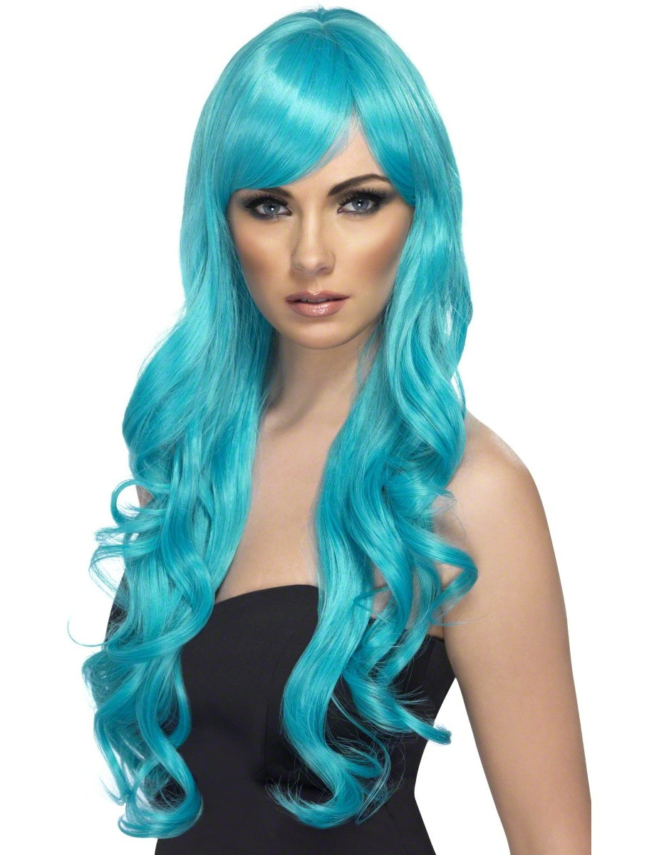 Perruque longue ondulée pour femme bleue turquoise