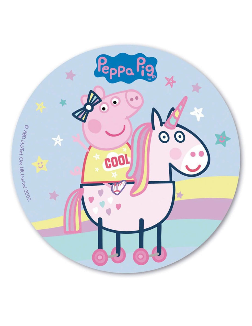 Jedlý papír Prasátko Peppa pro dítě modrá s Peppou na jednorožci a duhou