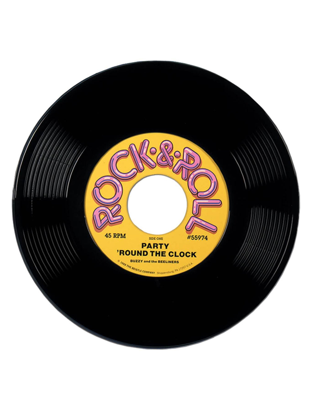 Obří vinylová deska dekorace 50. let na párty černá se žlutou etiketou rock & roll