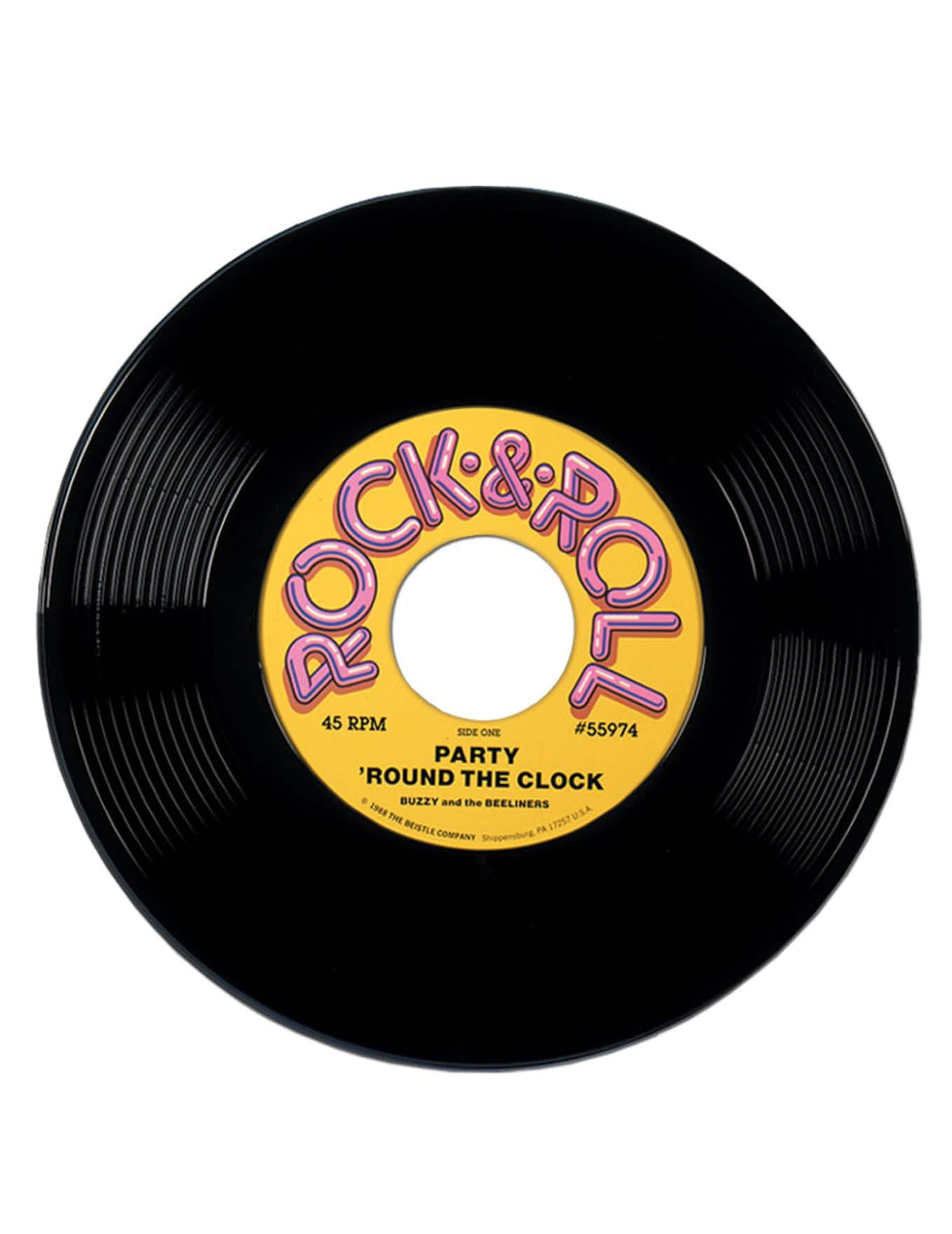 Obří vinylová deska dekorace 50. let na párty černá se žlutou etiketou rock & roll