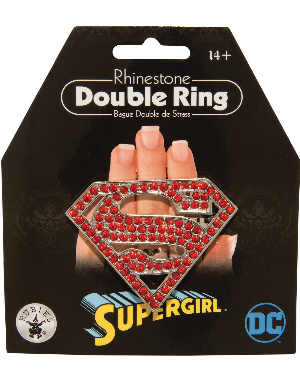 Double bague Supergirl pour femme avec strass rouges et argentée