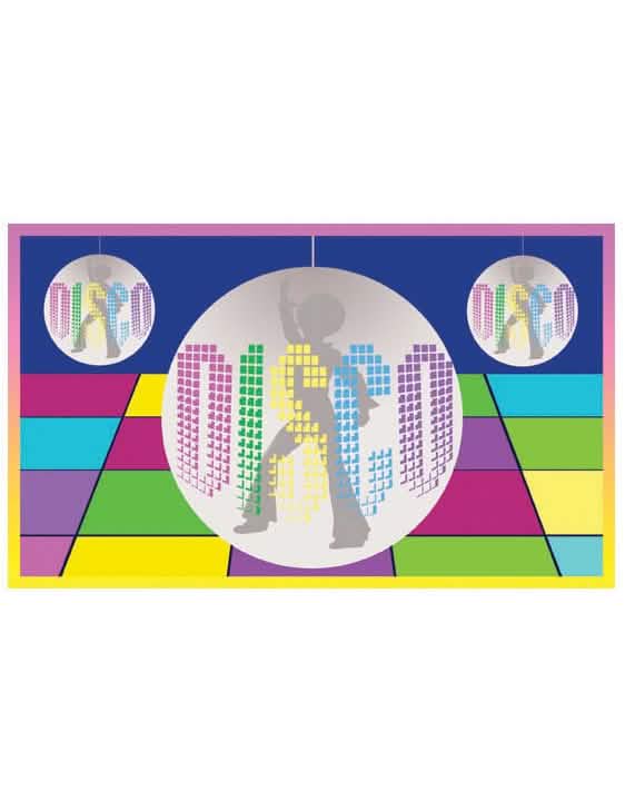 Disco vlajka na vícebarevné party s diskokoulemi a siluetami tanečníků