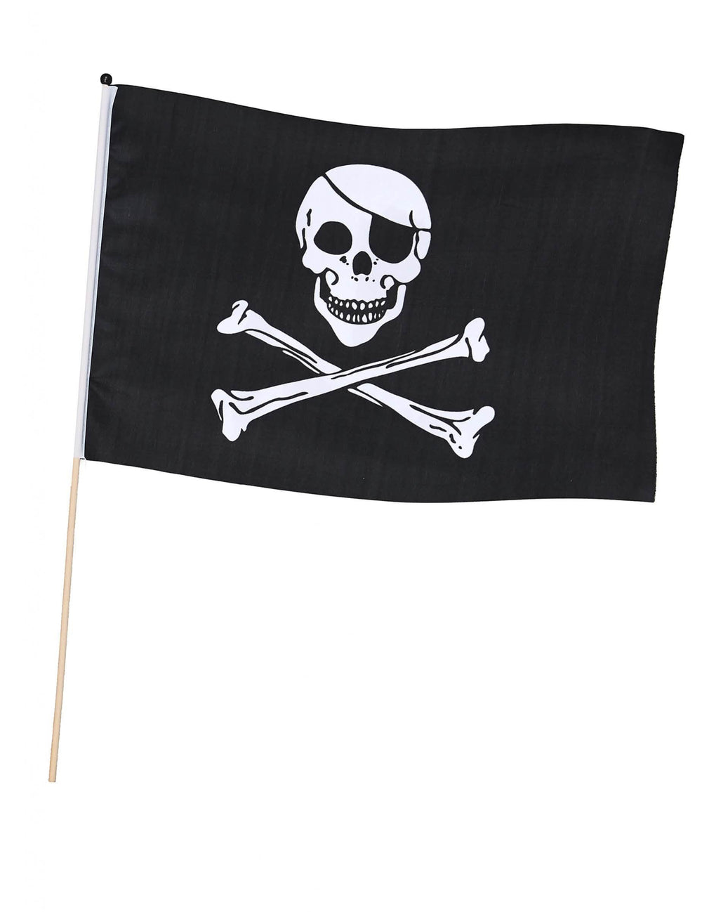 Pirátská černá vlajka na tyči s lebkou s páskou přes oko a zkříženými kostmi
