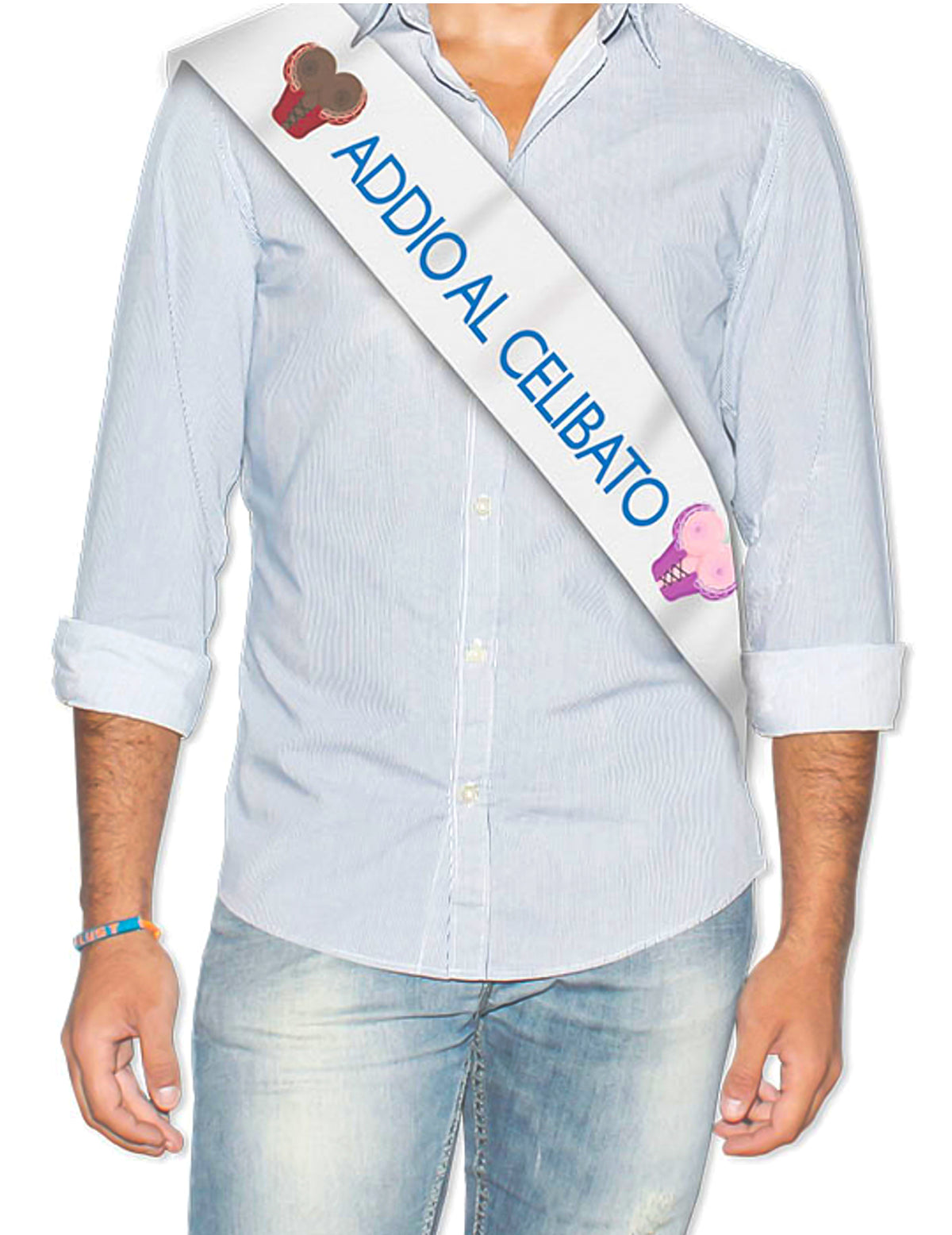 Echarpe métallisée addio al celibato pour homme blanche et bleue avec motifs humoristiques