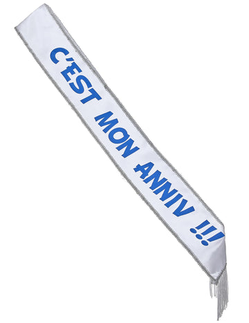 Saténový šátek, mám narozeniny!!! bílý a modrý 150 x 10 cm