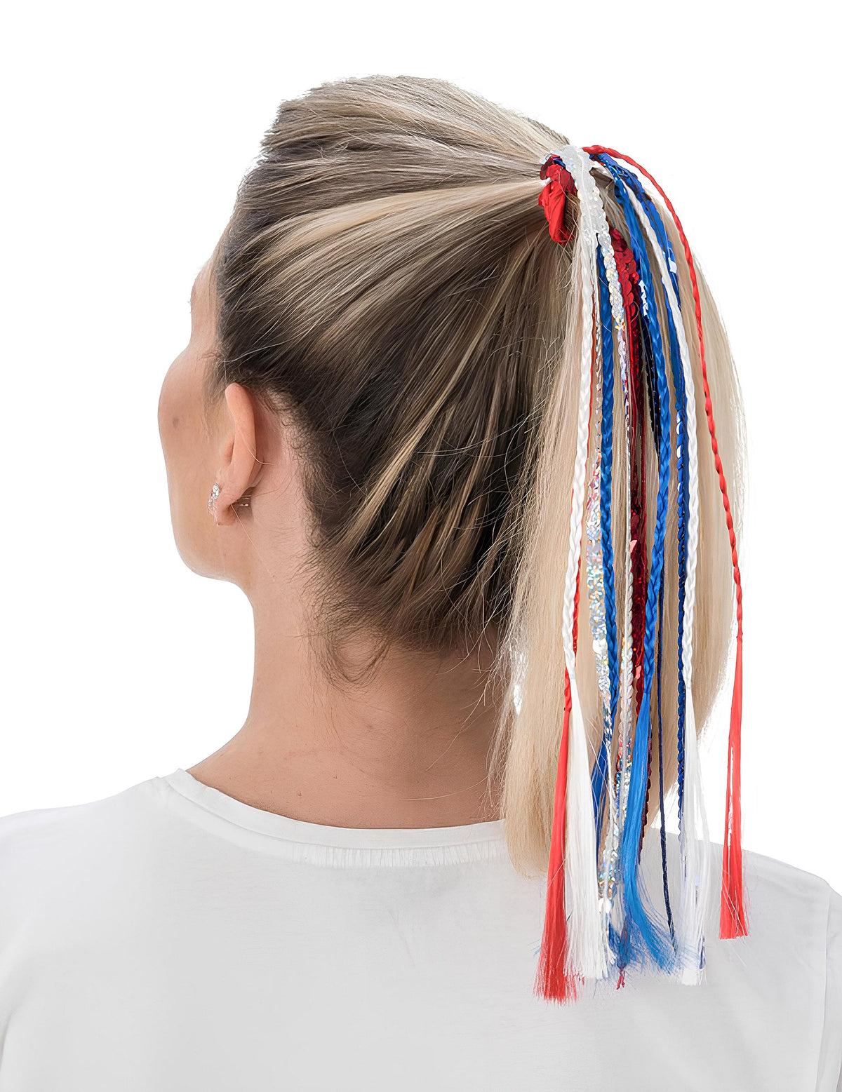 Elastique avec nattes et sequins supporter France pour femme bleu blanc rouge