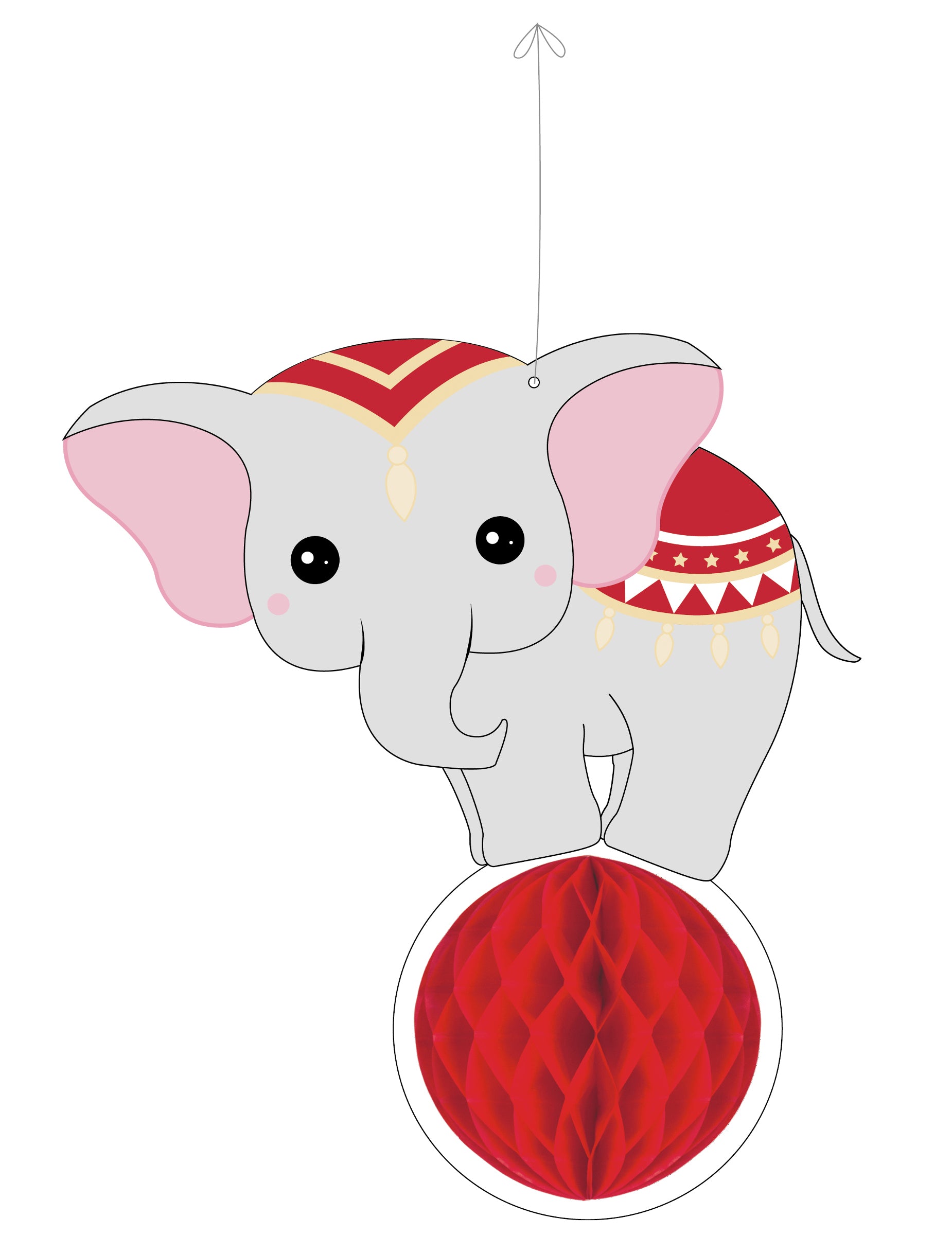 Suspension éléphant en papier alvéolé vintage circus rouge