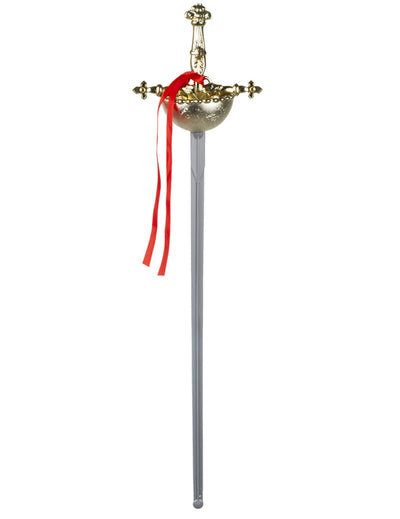 Épée de mousquetaire argentée et dorée avec ruban rouge