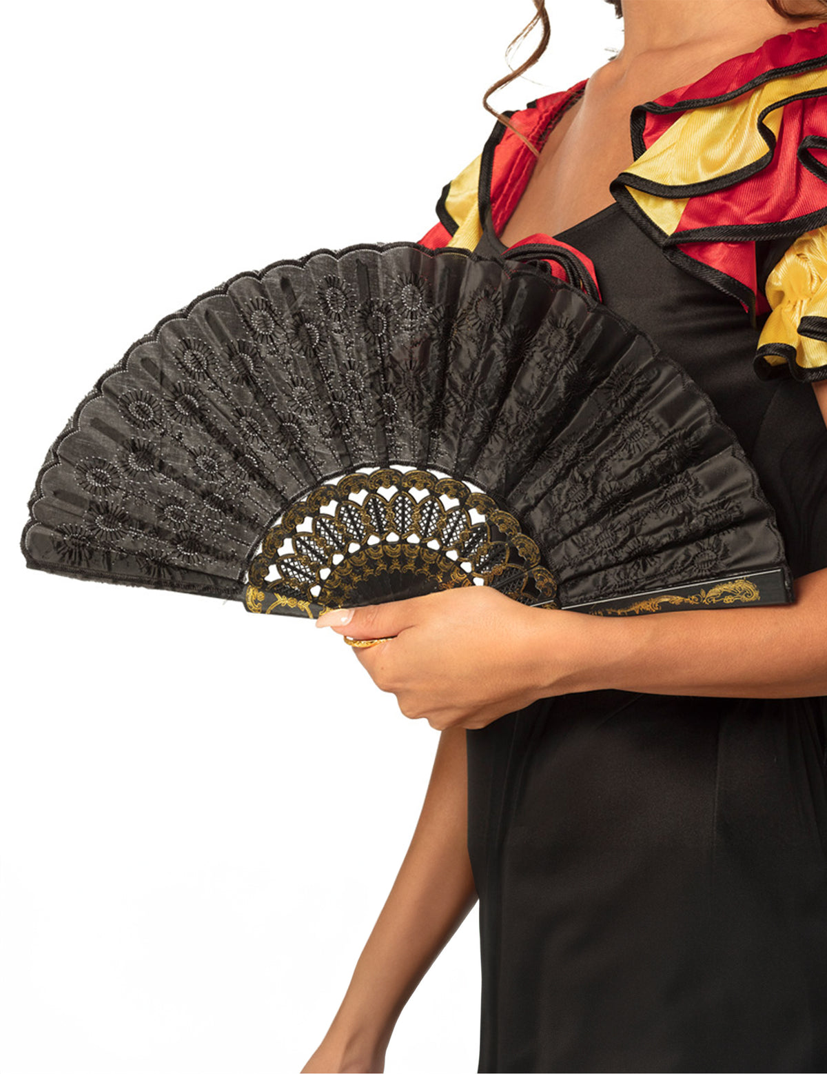 Eventail noir pour femme avec dentelle et motifs dorés