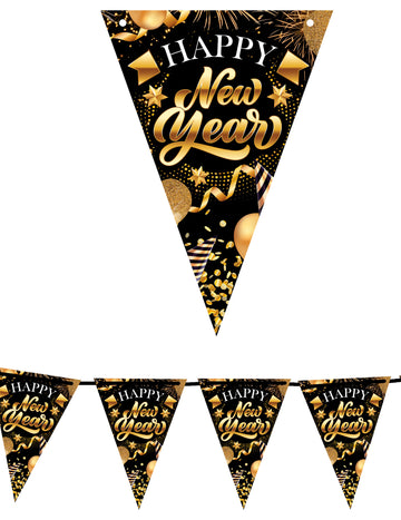 Šťastný nový rok kartonová vlaječková girlanda černá a zlatá 3m