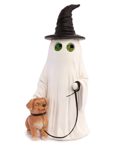 Dekorační duch Summerween z pryskyřice se špičatým kloboukem, psem a animovanýma LED očima 23,5 x 20 x 45,5 cm