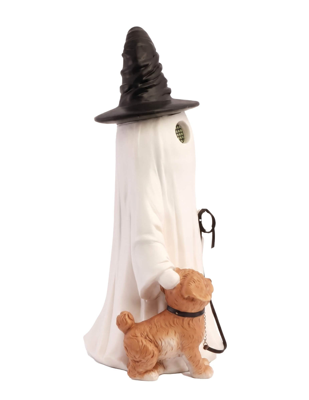Dekorační duch Summerween z pryskyřice se špičatým kloboukem, psem a animovanýma LED očima 23,5 x 20 x 45,5 cm