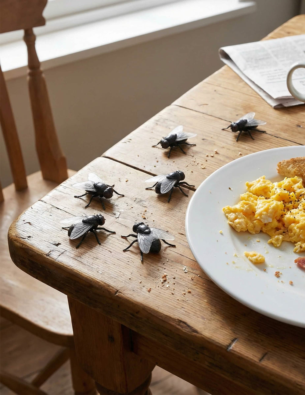 Mise en situation sur une table des fausses mouches farces et attrapes