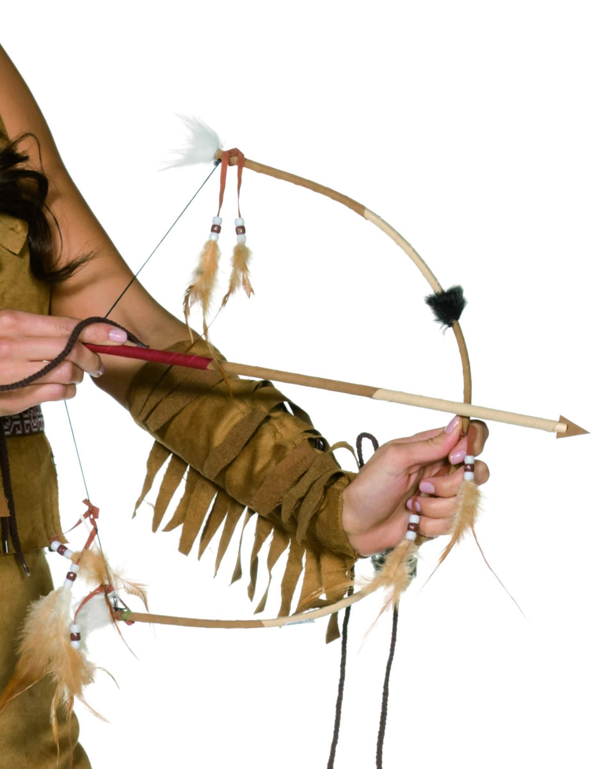 Faux arc indien pour adulte marron avec plumes et flèche