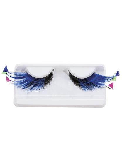 Vue de face de la paire de faux cils longs avec plumes fluo pour adulte