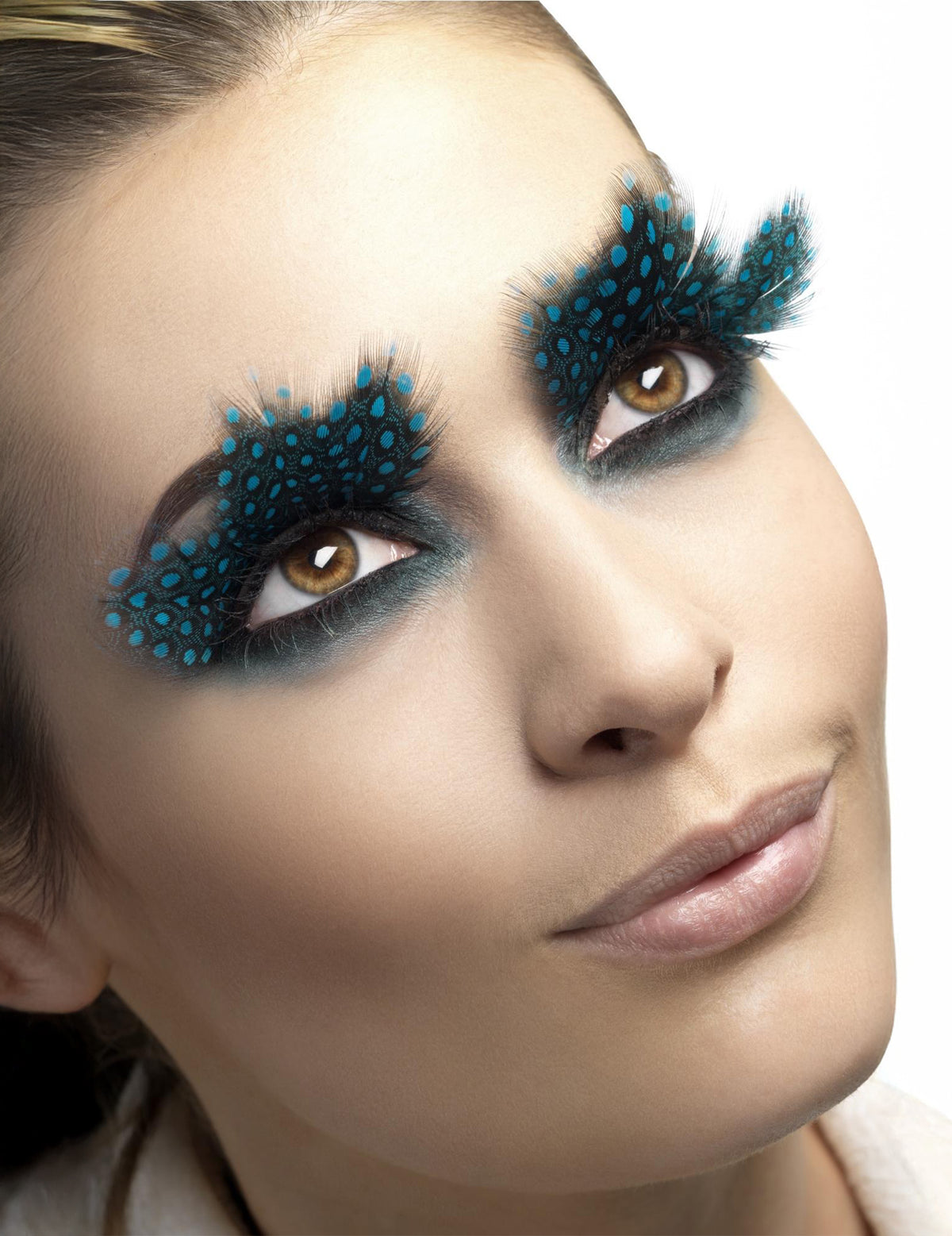 Faux cils plumes pour adulte noires à pois bleus