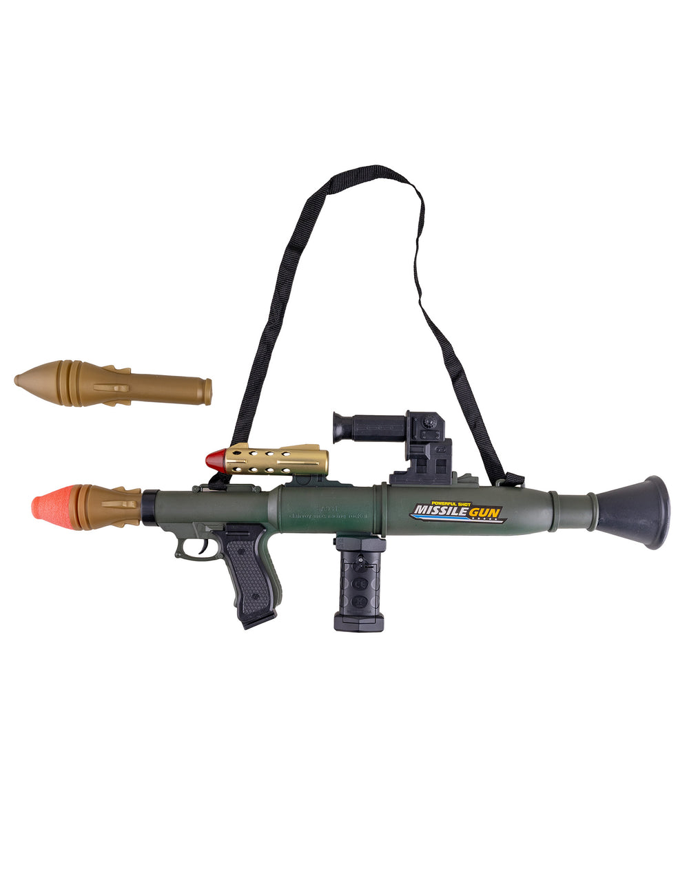 Vue avec sangle et missile du faux lance-roquettes de soldat pour enfant