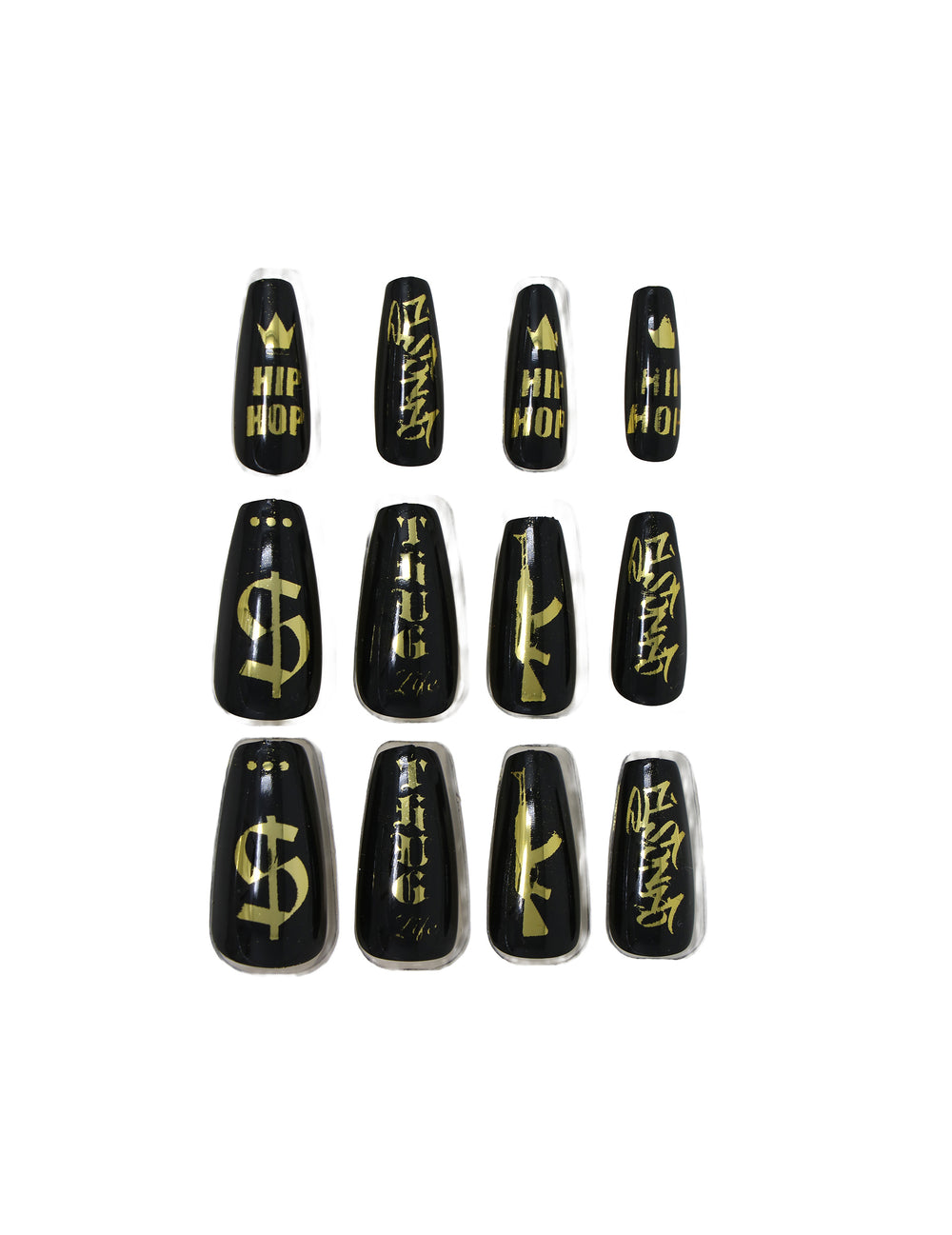 Détail des motifs des faux ongles adhésifs gangsta
