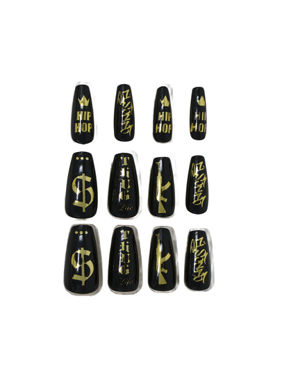 Détail des motifs des faux ongles adhésifs gangsta
