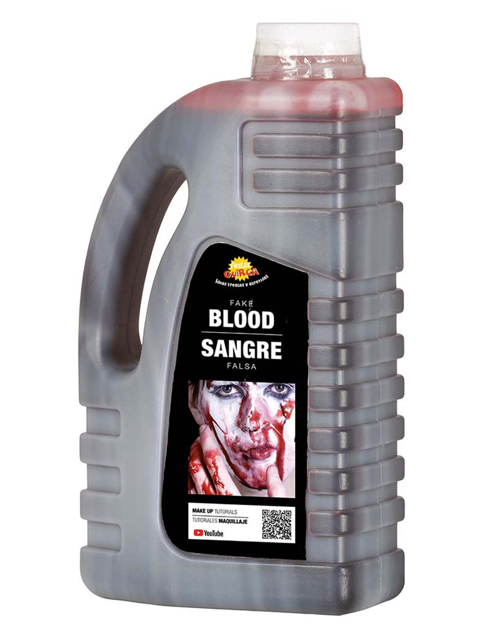 Vue de face du bidon du faux sang Halloween