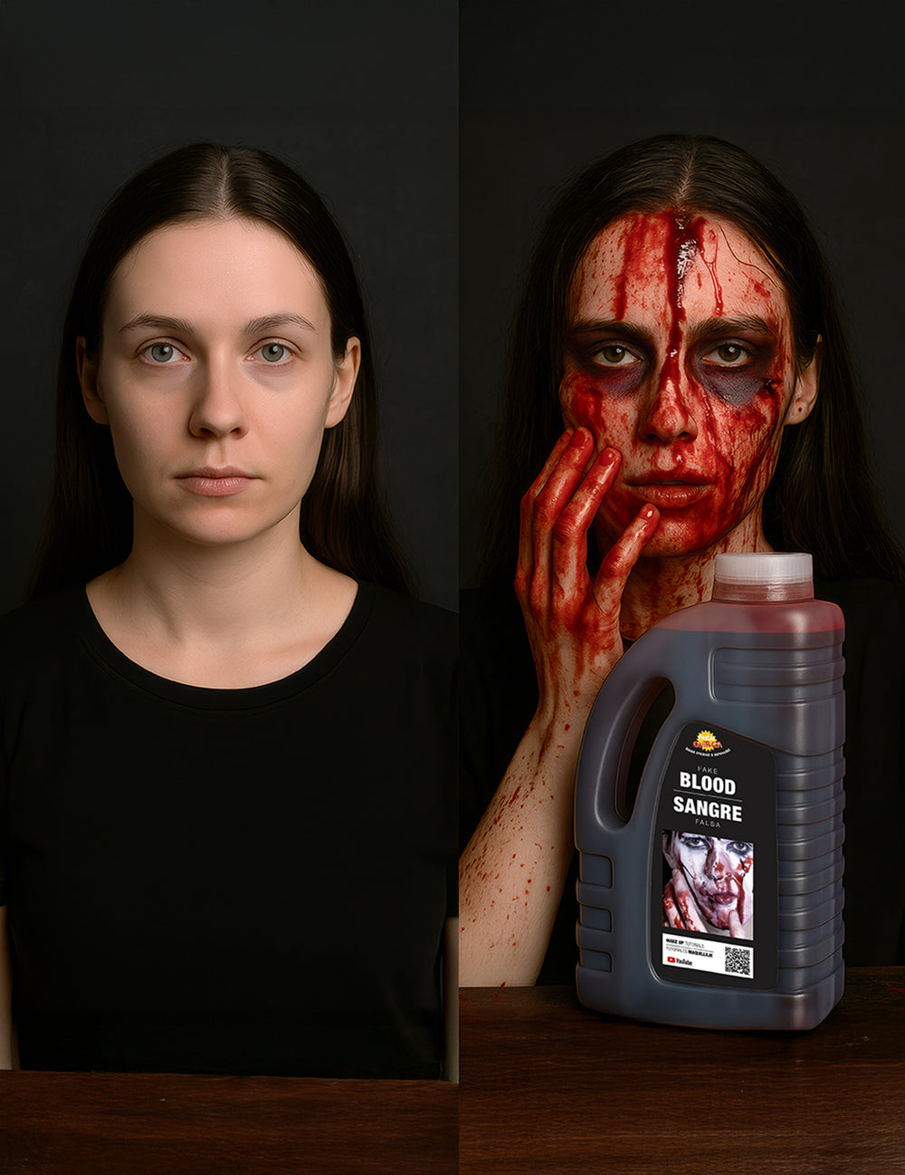 Comparaison avant et après application du faux sang Halloween