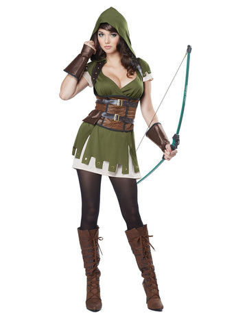 Déguisement archer des bois pour femme vert et marron avec capuche