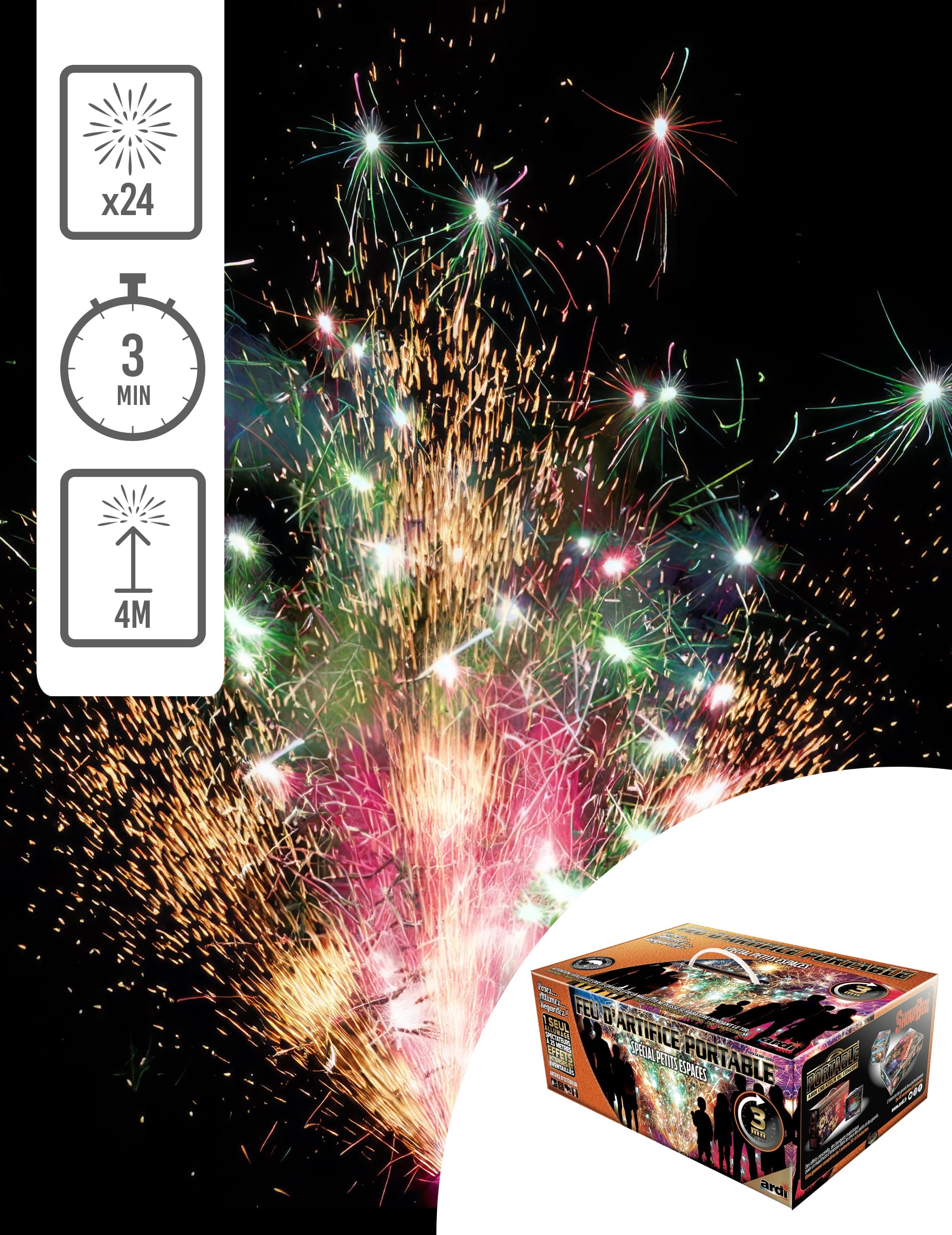 Feu d'artifice portable luxe de proximité pour fête 24 tirs 3 min multicolore
