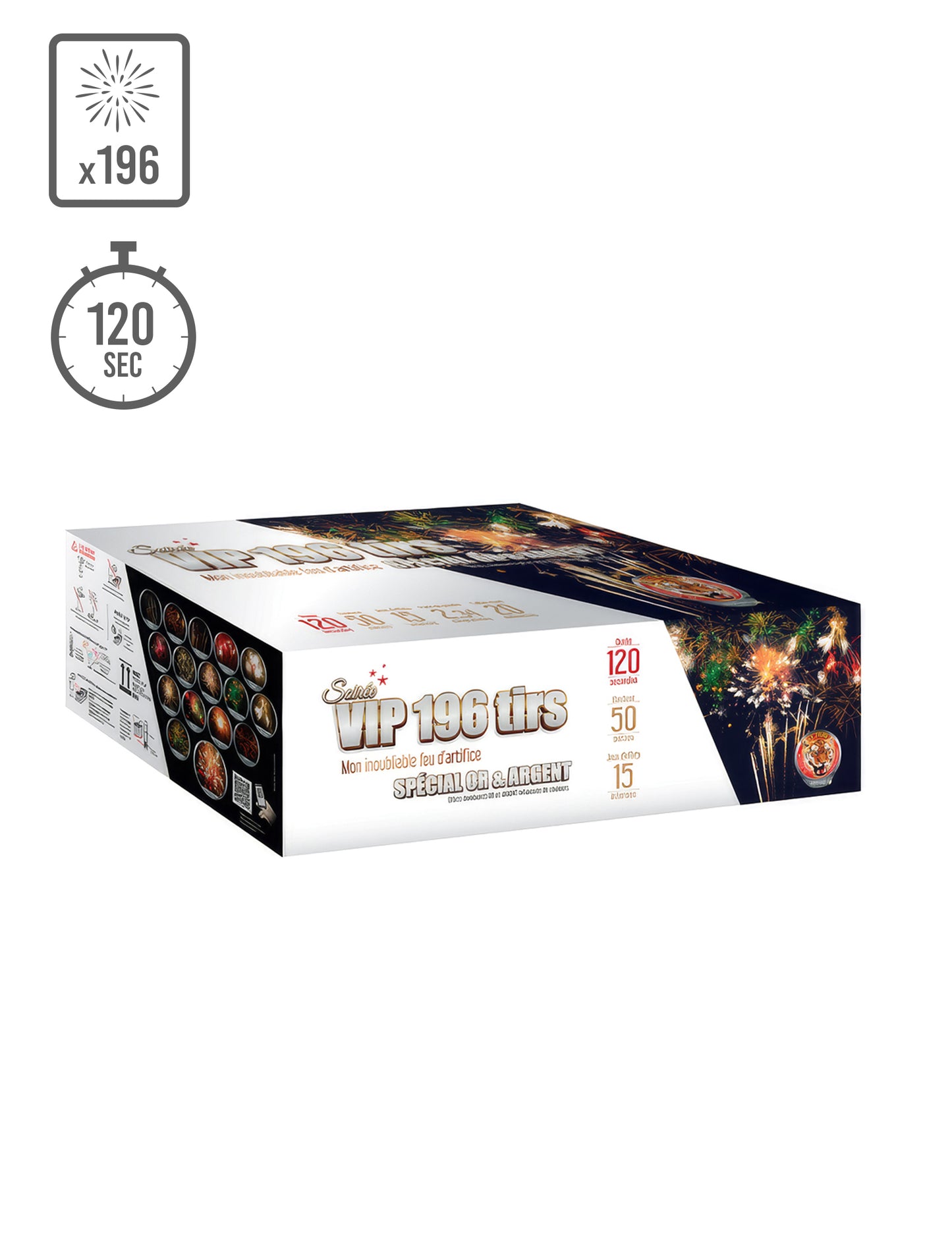 VIP® večerný ohňostroj zlatý a strieborný 196 výstrelov 120 sek